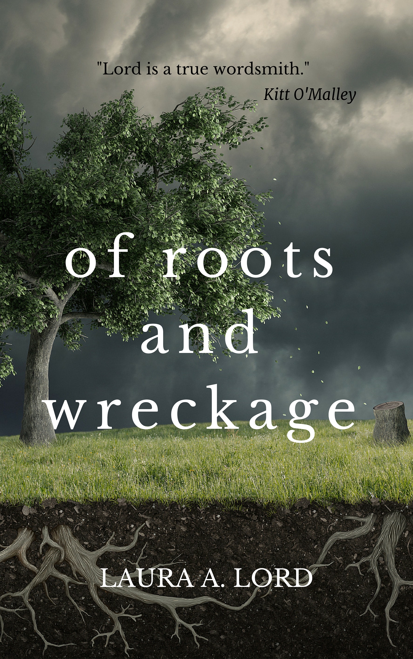 "Of Roots and Wreckage" by Laura A. Lord with quote by Kitt O'Malley, "Lord is a true wordsmith."