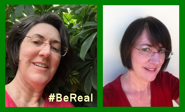 #BeReal Image of me without make-up on left, wrinkles and turkey neck evident. Image of me with make-up and hair blown dry straight on right, no wrinkles or turkey neck in evidence.