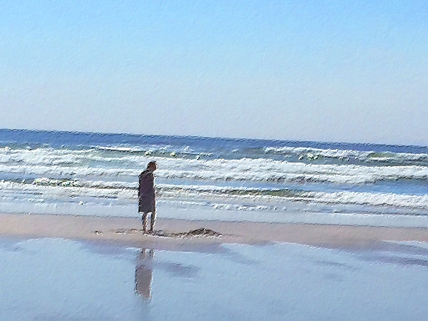 Manipulated photo of my son at the beach. Made to look like a painting.