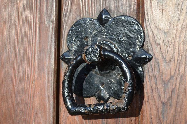 Old Door Knocker on Wood Door