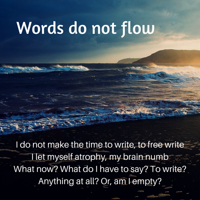 Words do not flow. I do not make the time to write, to free write. I let myself atrophy, my brain numb. What now? What do I have to say? To write? Anything at all? Or, am I empty?