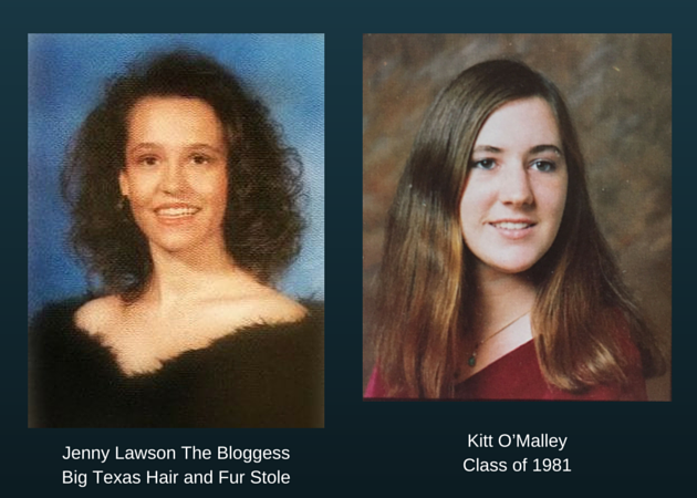 Jenny Lawson The Bloggess with Big Texas Hair, Bare Shoulders and Fur Stole vs Kitt O'Malley with Long Slightly Wavy Hair and Red Crushed Velvet Stole