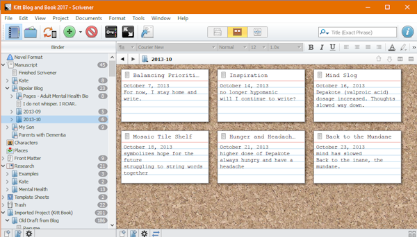 When I first purchase Scrivener, I either copied and pasted or imported my blog posts from September 2013 to October 2014. I don't recall how I got the material into the program. Then I stopped, overwhelmed by the complexity of Scrivener. Now that I did the tutorial, I'm organizing those posts. Feels good. Really good.